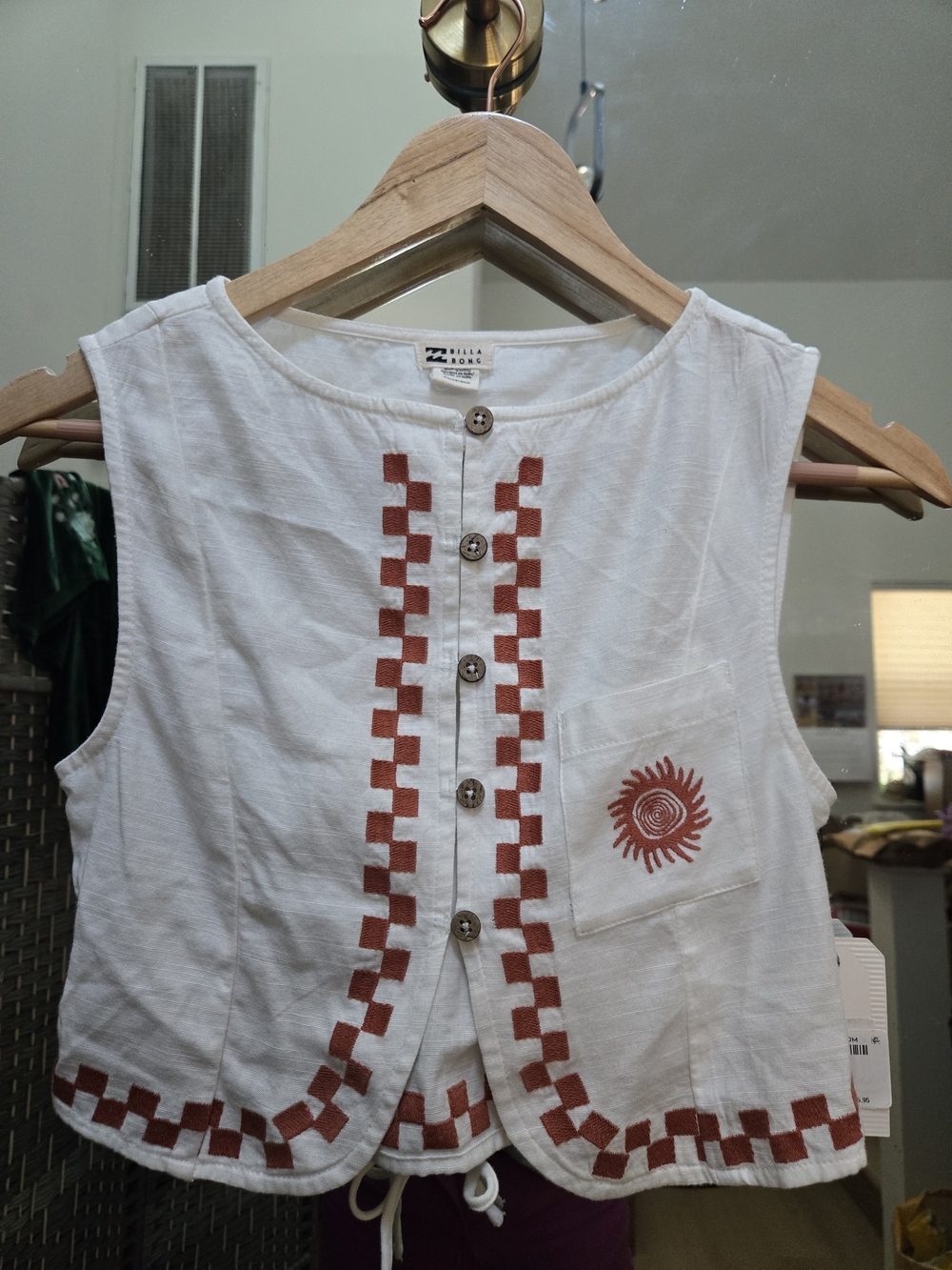 Billabong XS NWT Burnt Orange White Embroidered Vest Texas Game Day Boho